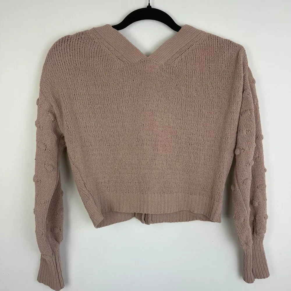 Moon & Madison Womens Long Sleeve Ball Cropped Knit Beige Button-Up Sweater XS
